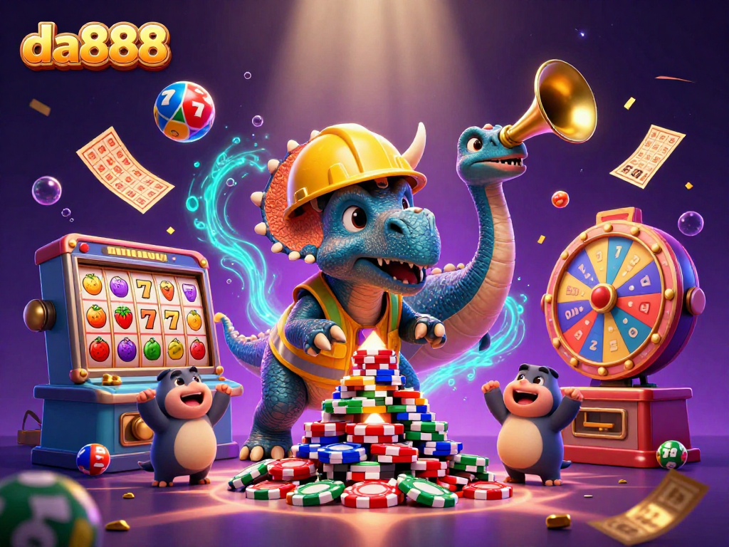 Celebrate wins with da888 as a triceratops builds a poker chip pyramid amid colorful casino elements.