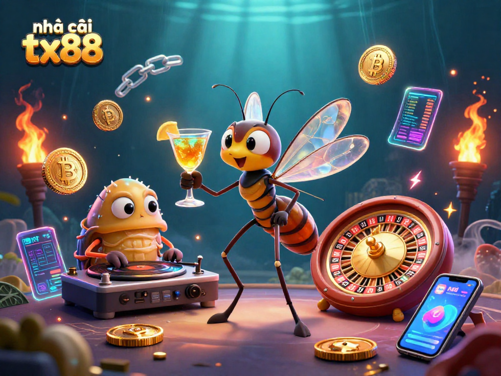 Engage with nhà cái tx88 through an energetic casino scene featuring a 3D mosquito mascot and a trilobite DJ.