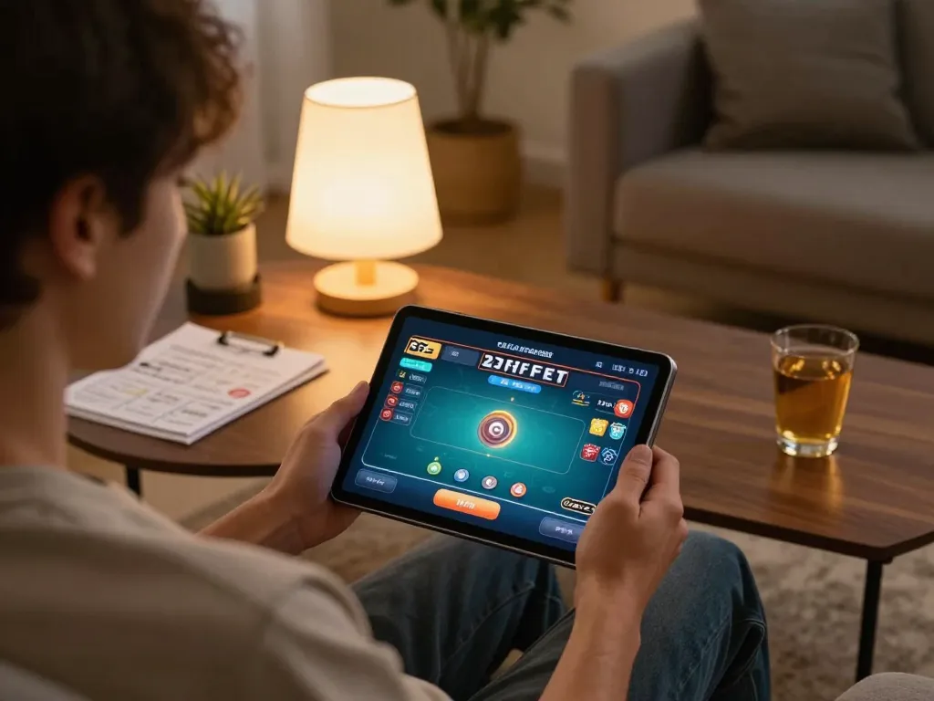 Engaging in online poker gaming with 22ff platform on a cozy sofa.