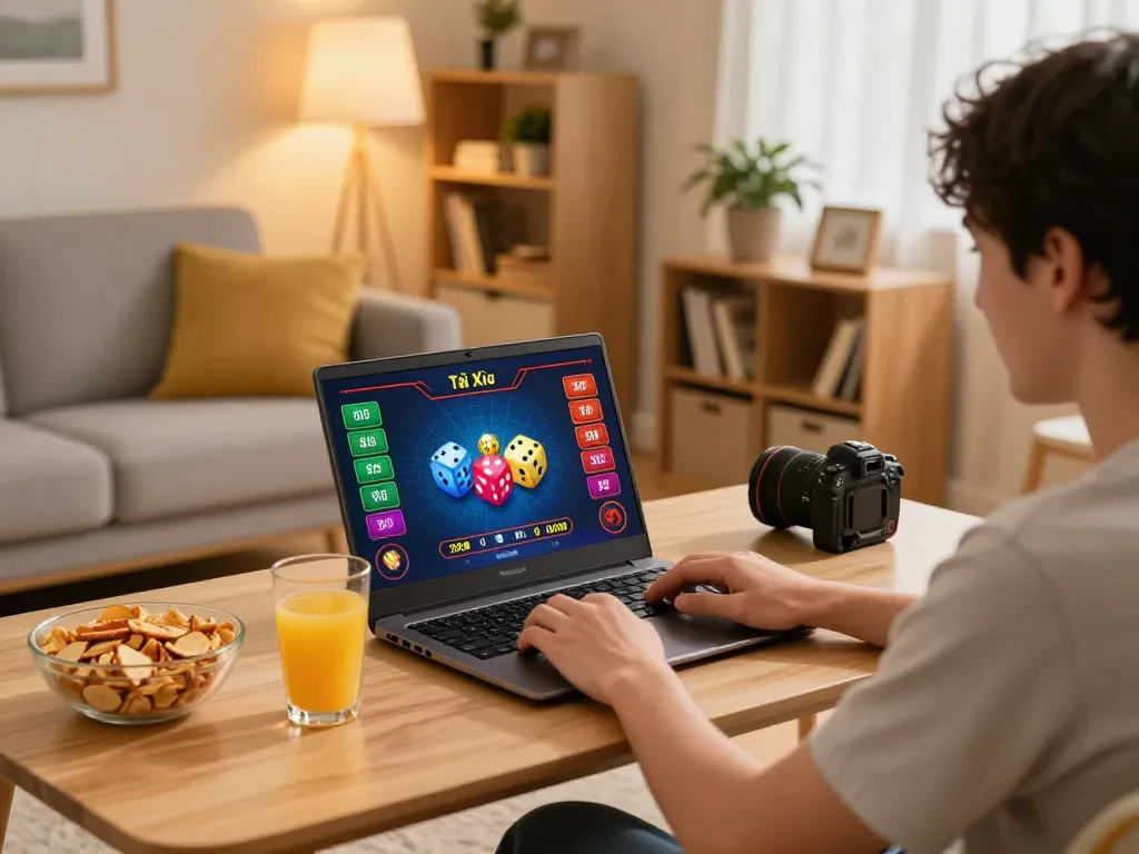Engaged player on taixiuonlinego using laptop for online Tài Xỉu game in cozy home setting