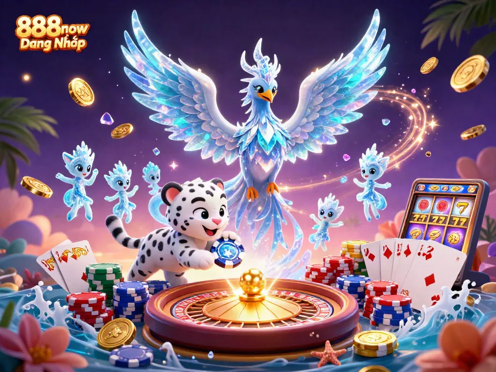 Engage with the exciting 888now Đăng Nhập experience featuring vibrant characters and dynamic casino elements.