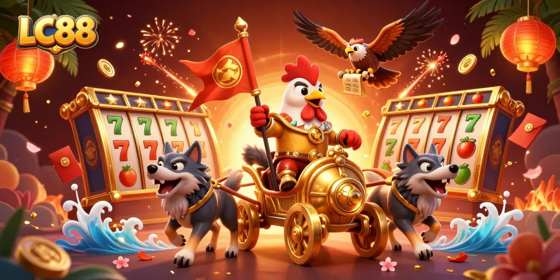 Experience thrilling wins with LC88 in this vibrant 3D digital casino scene featuring action-packed slots and vibrant characters.