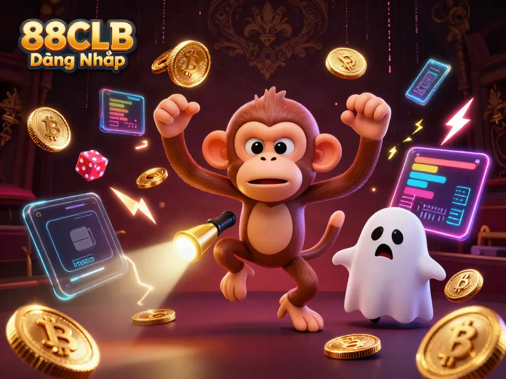 Experience the thrill of gambling with 88CLB Đăng Nhập as a poltergeist monkey juggles casino treasures amidst vibrant neon lights.