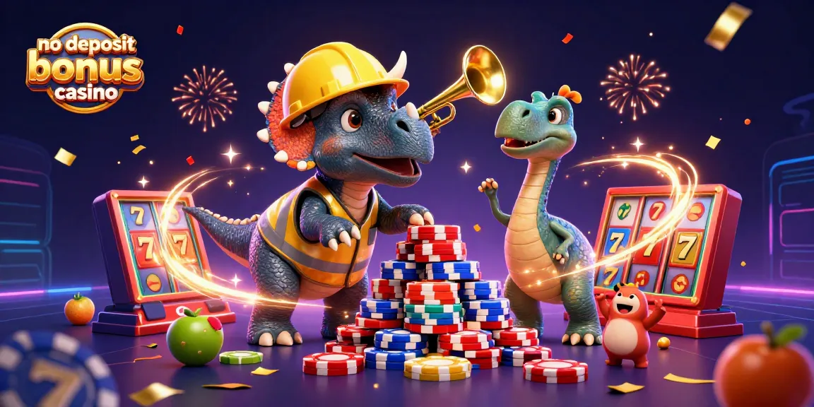 No deposit bonus casino celebration with cartoon dinosaurs and colorful gaming elements.
