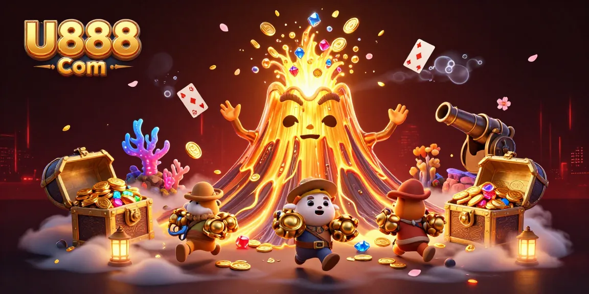Experience exciting wins with the captivating U888 Com casino, featuring a golden volcano erupting treasures.