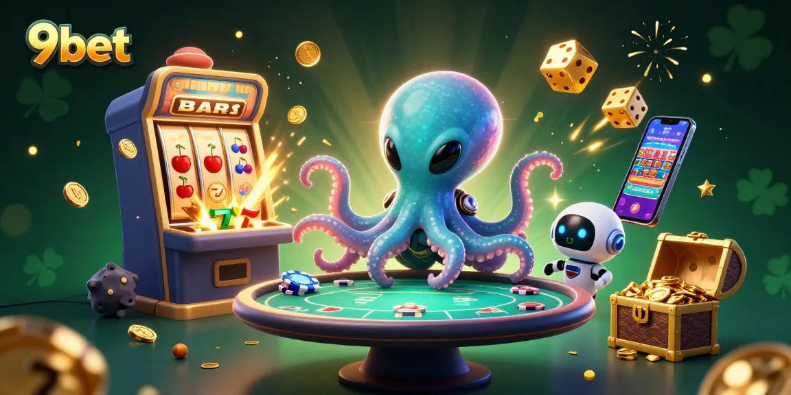 Engage in thrilling gaming with 9bet's colorful casino scene featuring an alien octopus at a holographic table.