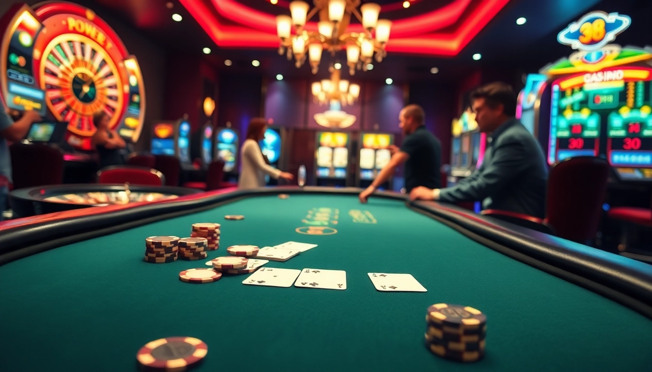 Players enjoying an exciting game at a 98win casino blackjack table with high-stakes poker chips.