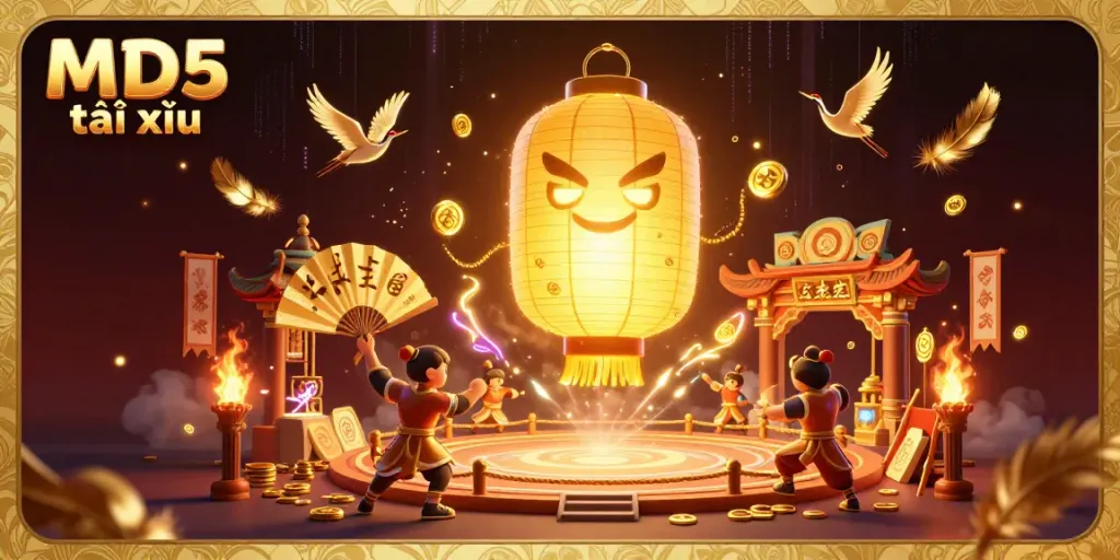 Experience the magic of MD5 tài xỉu as animated lantern spirits ignite a bustling casino atmosphere.