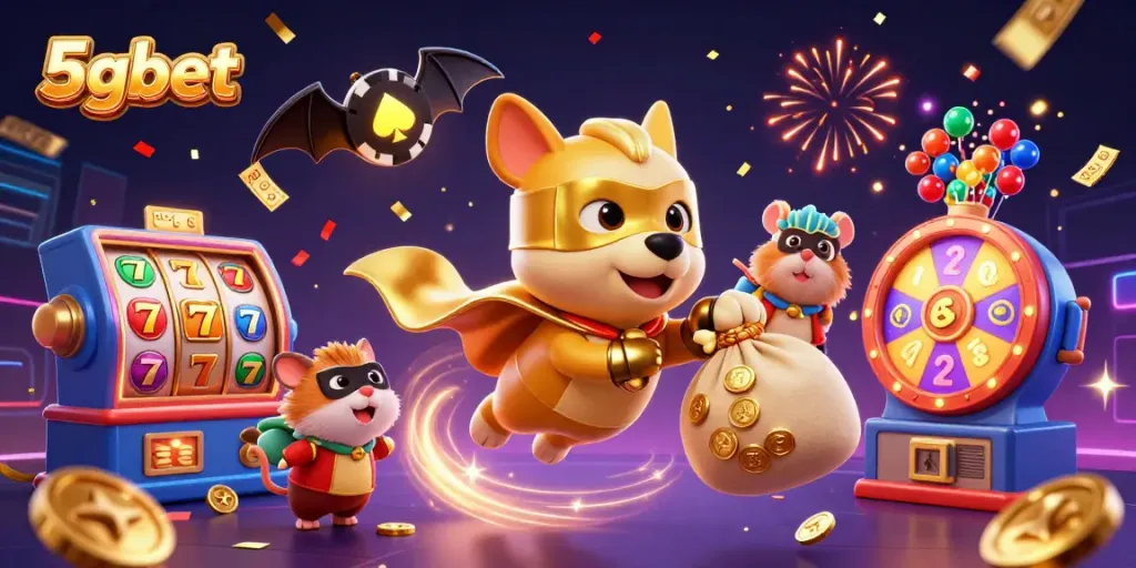 Experience the excitement of 5gbet with vibrant characters and thrilling casino elements in this dynamic illustration.