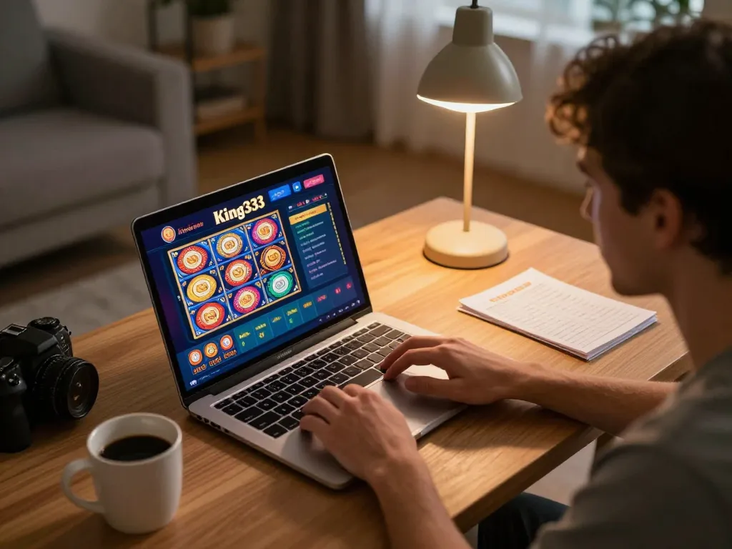 Player engaging with king333 online casino on their laptop, showcasing strategic gameplay in a cozy home setting