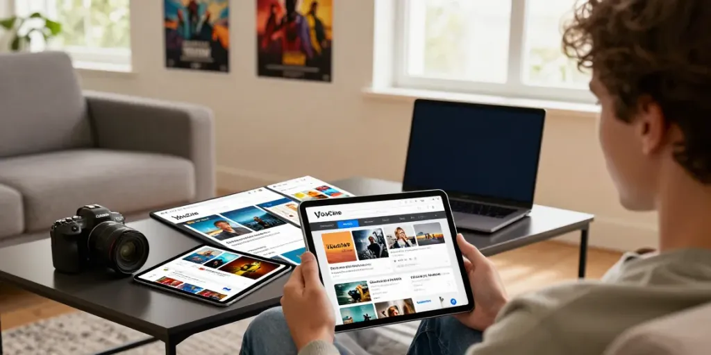 Explorando as versões antigas do Youcine APK em um ambiente aconchegante.