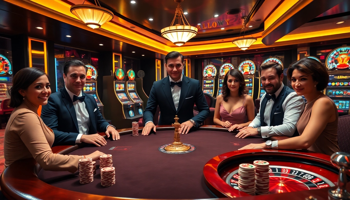 A vibrant casino scene at alo789 showcasing luxurious poker games, colorful slot machines, and thrilling roulette wheels.