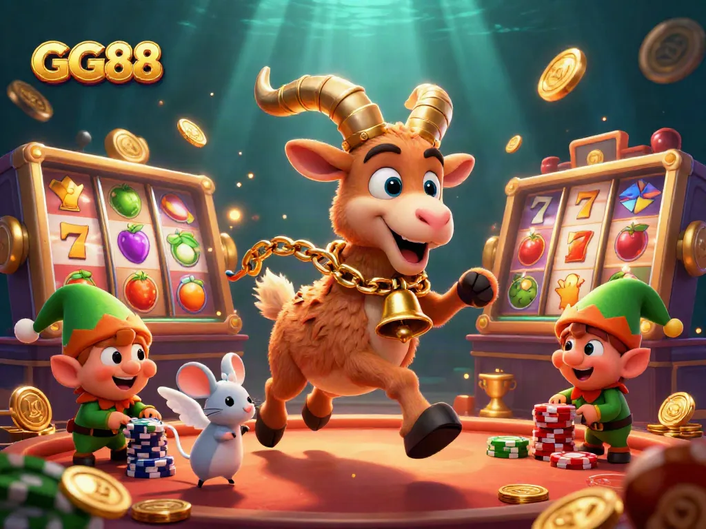 Engage in thrilling casino excitement with GG88, featuring a Krampus goat overseeing a wild gaming scene.