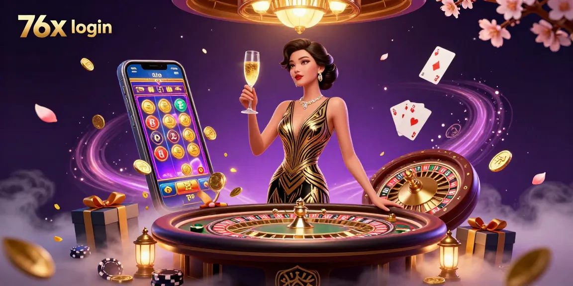 Engage in thrilling gameplay at 76x login with a glamorous casino scene featuring a stylish woman and vibrant gaming elements.