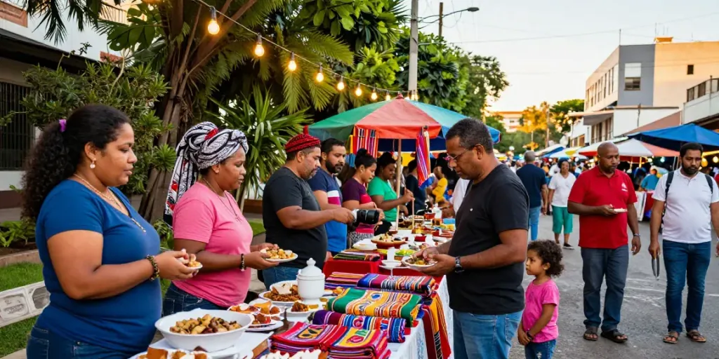 Colorful market scene featuring a variety of Produtos, showcasing artisanal crafts and local delicacies.