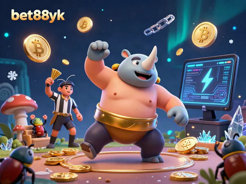 Experience online gaming excitement with bet88yk in this vibrant 3D illustration of a rhinoceros beetle sumo champion.