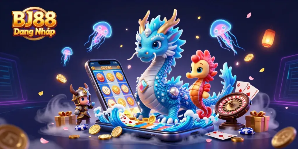 Experience the thrill of BJ88 Đăng Nhập in this vibrant 3D casino illustration, showcasing exciting gaming elements.