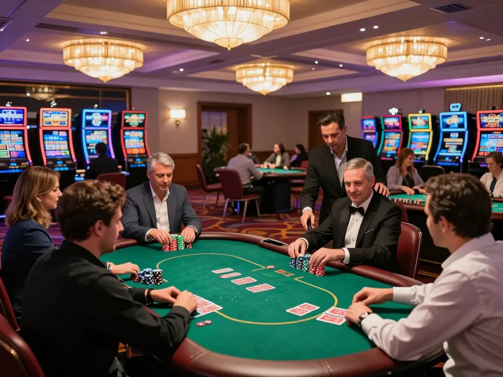 Players enjoying an intense poker game at va88 in a luxurious casino setting.