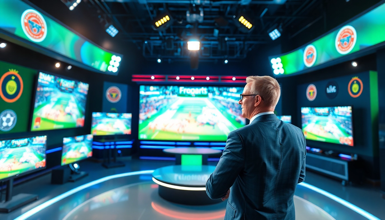 Sports Broadcasting presenter engaging viewers in a vibrant studio environment with multiple screens.