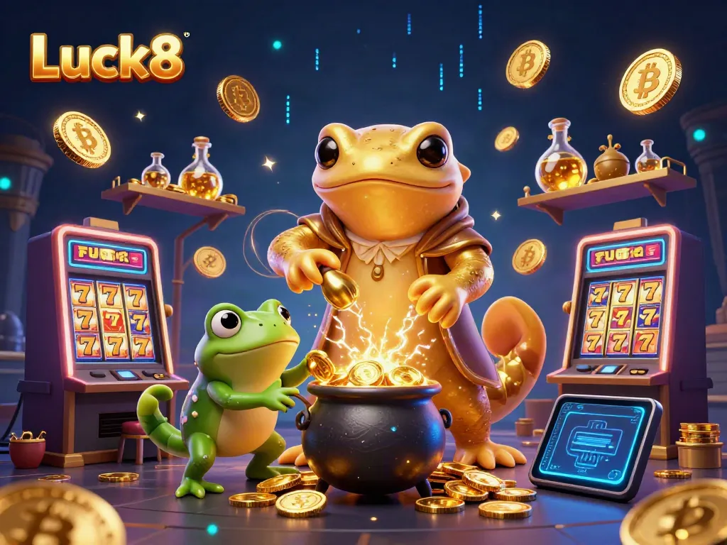 Experience Luck8's dynamic gaming scene with gold coins, slot machines, and magical effects.