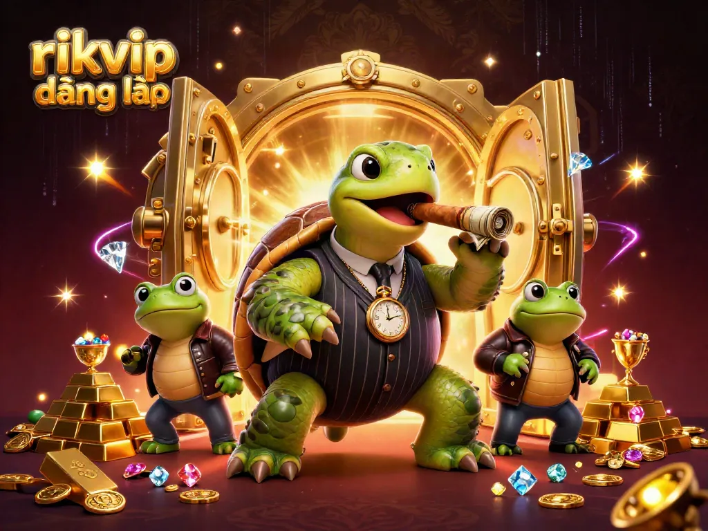 Experience the thrill of rikvip đăng nhập with a lavish scene of winning treasures and vibrant casino life.