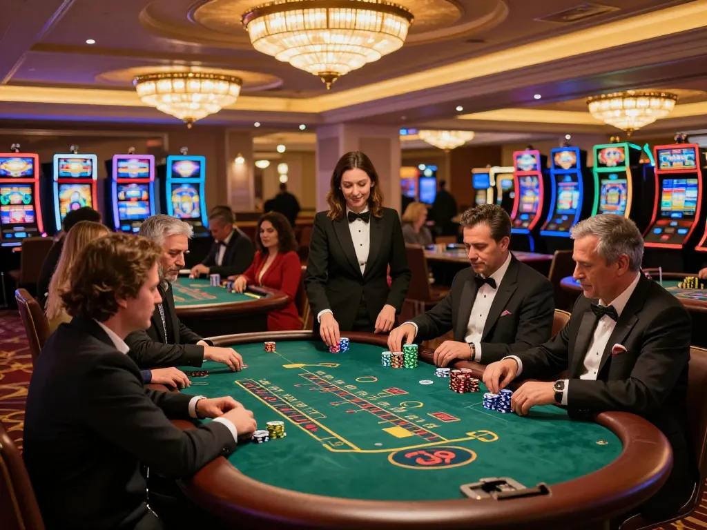Players at 688v engaging in exciting blackjack gameplay at a vibrant casino floor.