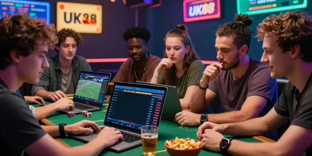 Engaging friends discussing betting strategies on https://uk88win.org/ during an online gambling session.