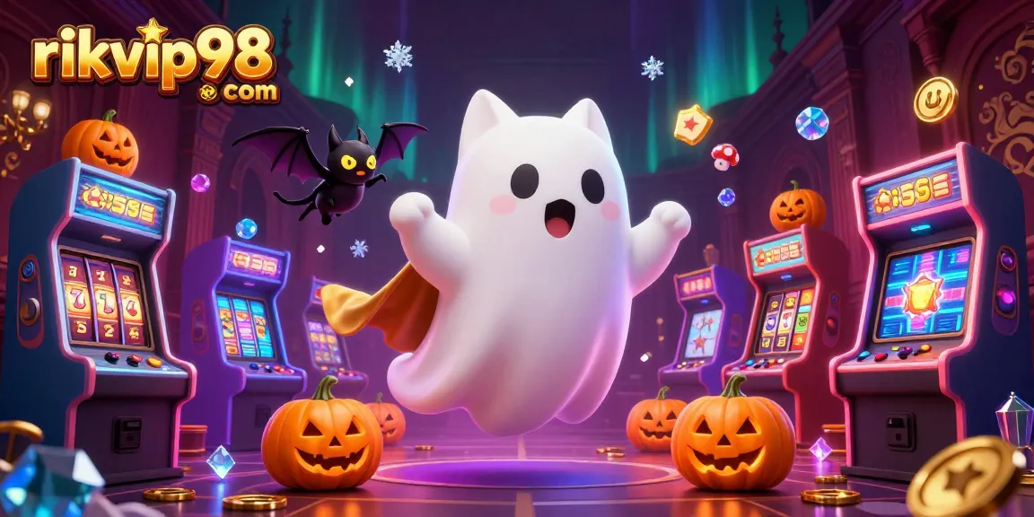 Engage with exciting gaming adventures on rikvip98 com through a vibrant 3D illustration featuring a friendly ghost and vampire bat.
