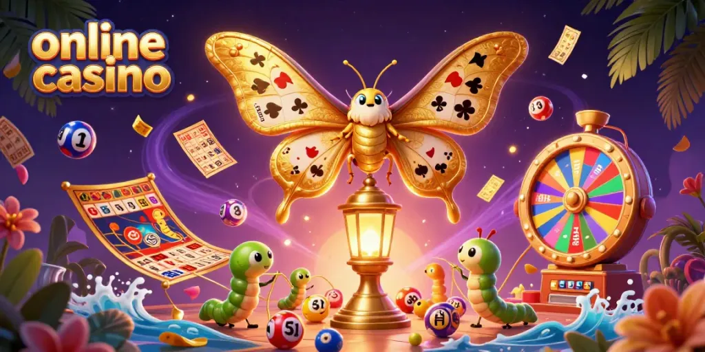 Engaging online casino scene featuring a vibrant atlas moth, colorful lottery balls, and dynamic game elements.
