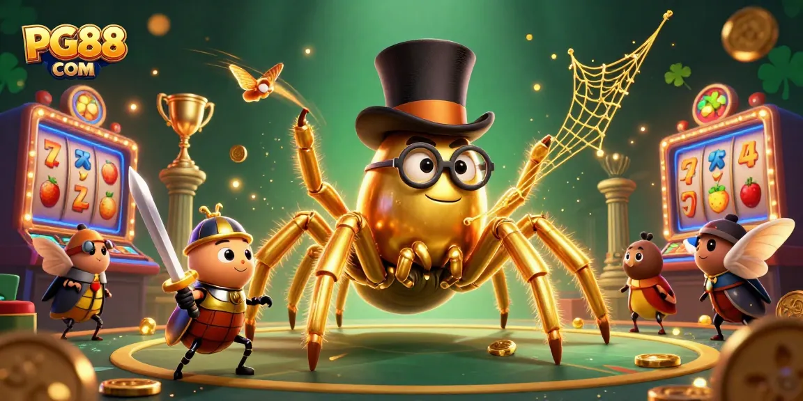 Experience the excitement of gaming with PG88 COM's vibrant 3D illustration showcasing a golden tarantula and a beetle knight.