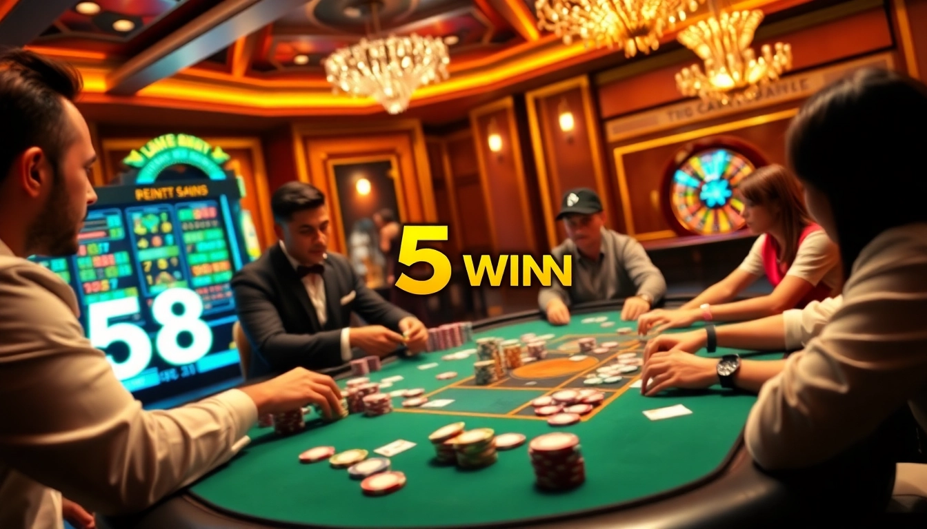 Players strategizing at a poker table in a luxurious casino, celebrating a 58 WIN moment of excitement.