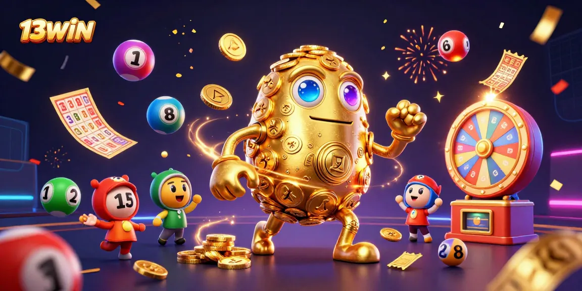 Experience the thrill of winning with 13WIN's golden golem and vibrant game elements in an immersive casino scene.
