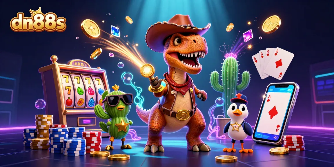 Experience gaming thrills with dn88s in this dynamic 3D illustration of a T-Rex cowboy.
