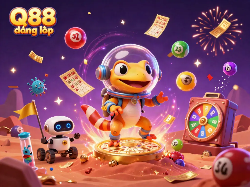 Engage with Q88 đăng nhập through a colorful casino-themed universe featuring lottery elements and a Martian gecko.