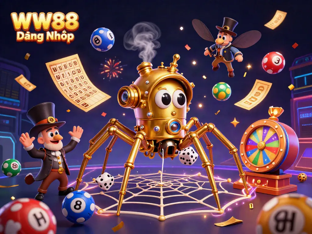 Experience the excitement with WW88 Đăng Nhập as a steampunk spider spins golden lotto webs amid dazzling casino elements.