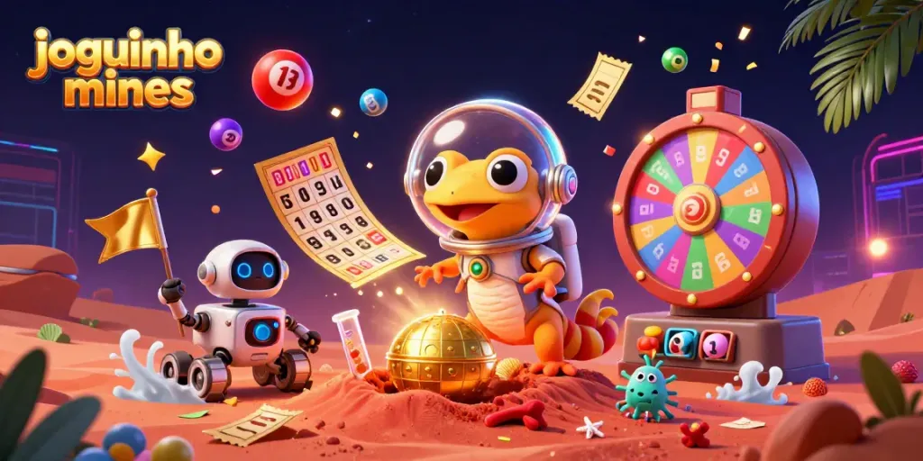 Play the entertaining joguinho mines with a Martian gecko and festive casino elements around.