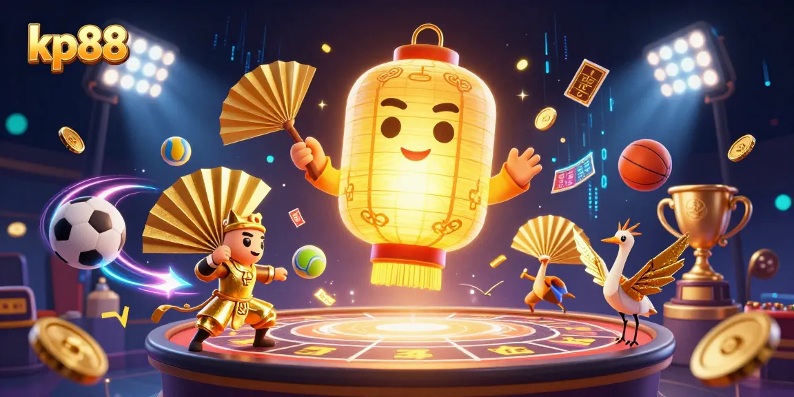 Experience the excitement at kp88 with the golden lantern spirit illuminating an action-packed casino scene with sports betting elements.
