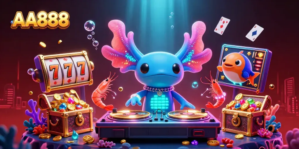 Experience the vibrant underwater casino atmosphere of AA888 with a DJ axolotl and lively sea creatures.