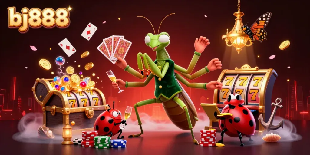 Engage with the vibrant bj888 casino atmosphere, featuring a giant praying mantis card sharp and lively gambling elements.