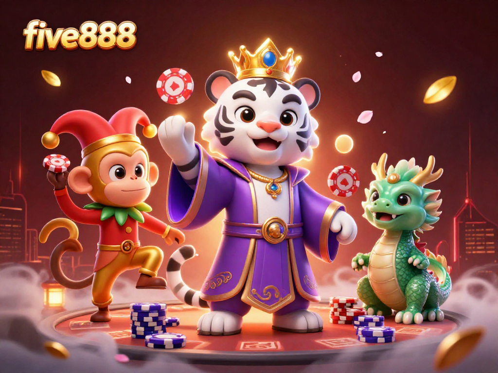 Experience exciting poker action with five888 in a vibrant casino scene featuring dynamic characters and elements.