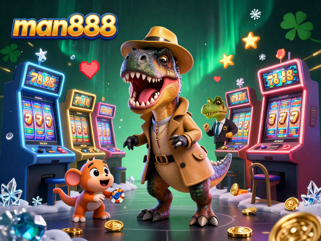 Experience thrilling gameplay at man888 amidst colorful slot machines and lively casino characters.