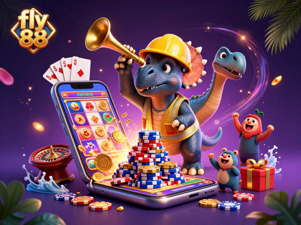 Engage in vibrant casino fun with fly 88 as triceratops builds a poker chip pyramid amid games.
