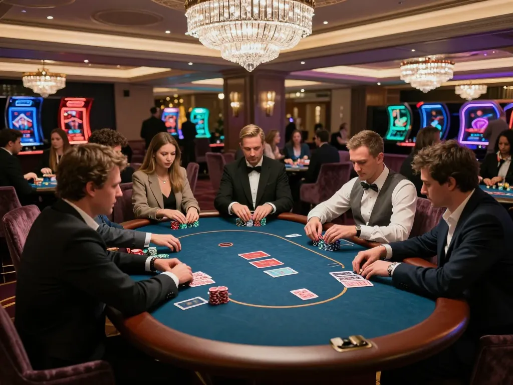 Players enjoying high-stakes poker in a luxurious VIP gaming area at 888bgo casino