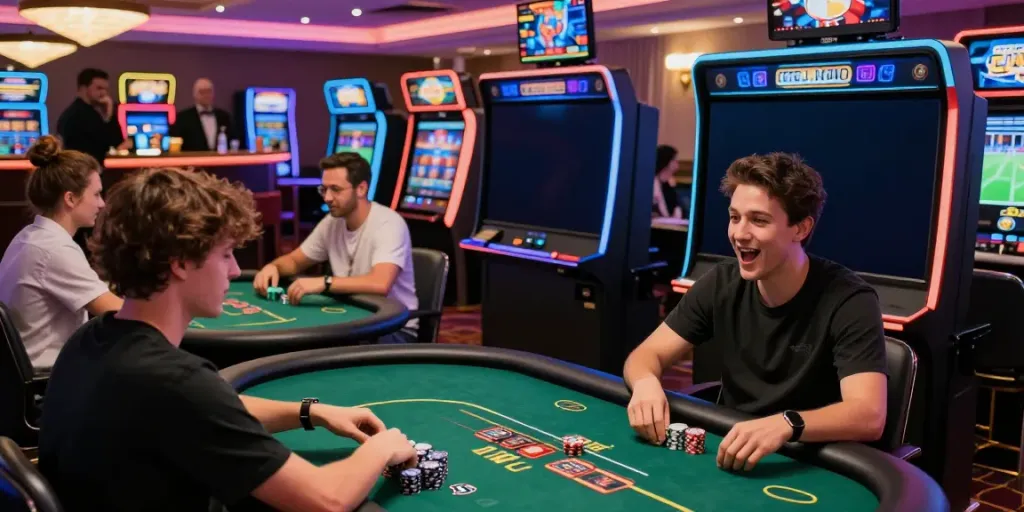 Engaged players at https://fc88v1.com/ in an exciting casino gaming lounge with vibrant atmosphere and modern decor.