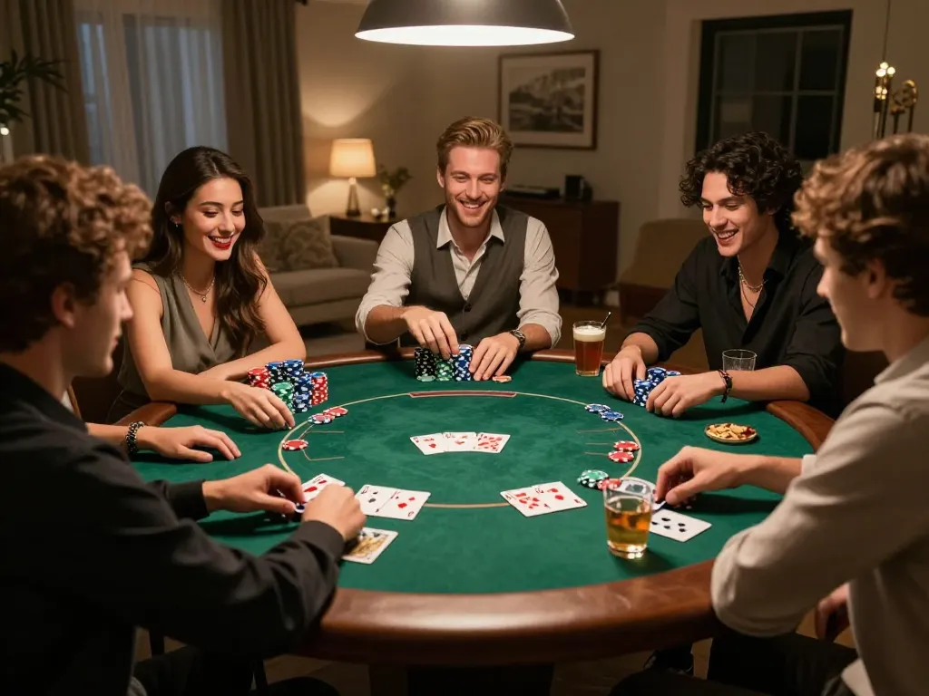 Friends enjoying a friendly poker game, highlighting the excitement of game bài đổi thưởng uy tín in a cozy home setting.