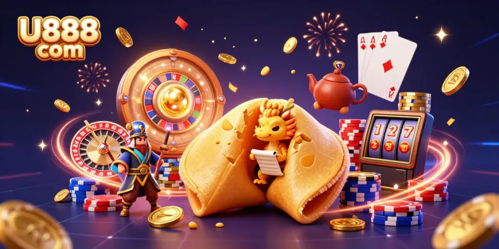Spin and win at U888 com with this colorful 3D casino scene filled with fortune cookies and dragon guardians.