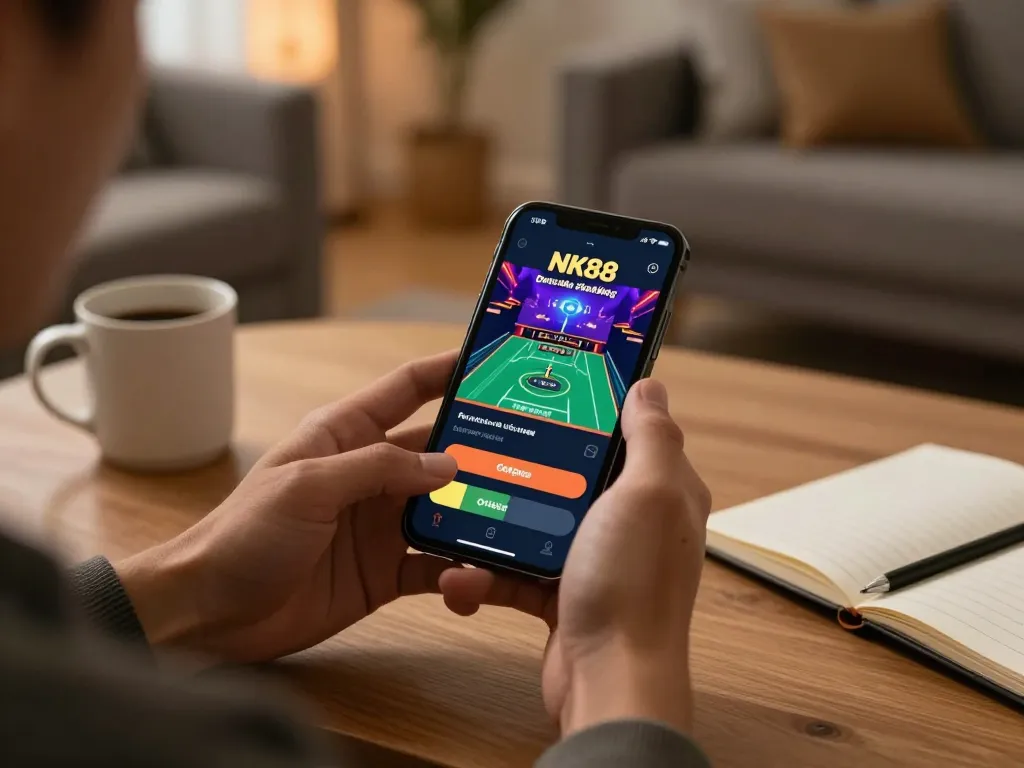 NK88 đăng nhập with a user engaging in live dealer gaming on a smartphone in a cozy setting