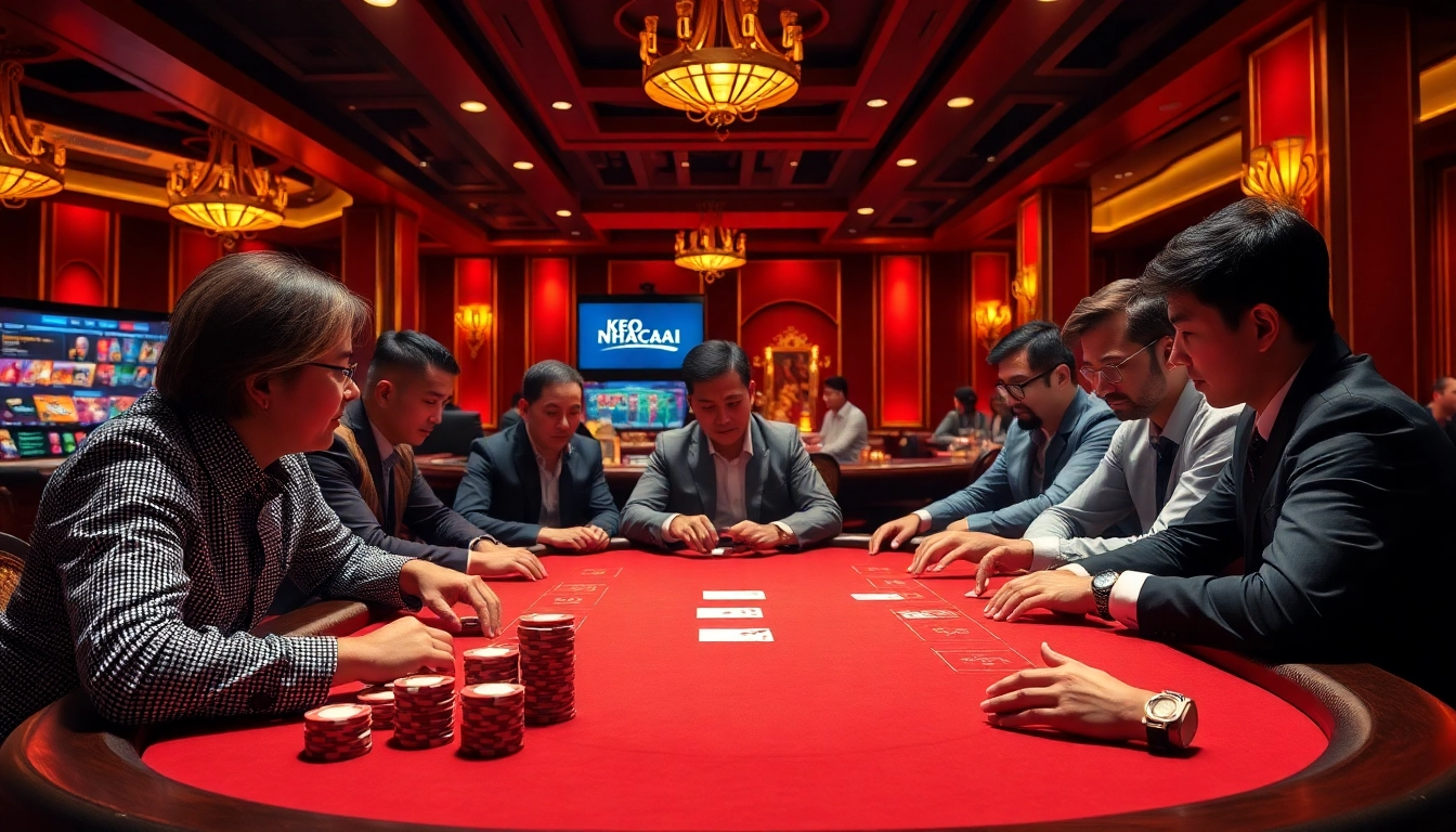Engage with KEO NHACAI as players strategize at a luxurious poker table filled with chips and cards.