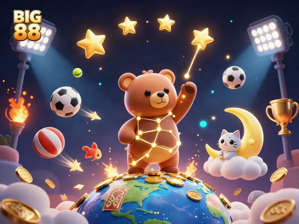 Experience the excitement with BIG 88 as the constellation bear scoops coins with exciting gaming elements all around.