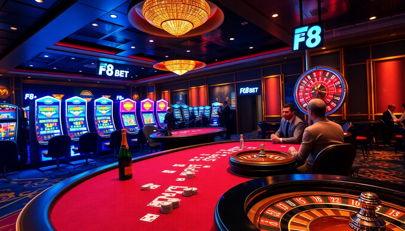 Experience the thrilling excitement of F8 BET at a glamorous casino table with vibrant games.